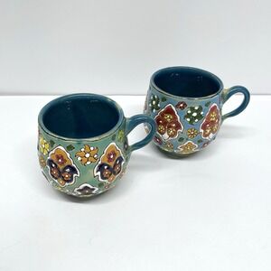 Handmade Turkish Ceramic Mug Coffee Cup Textured Raised Relief Floral Set Of 2